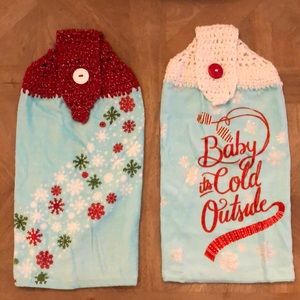 Set of Turquoise Christmas Crocheted Towels